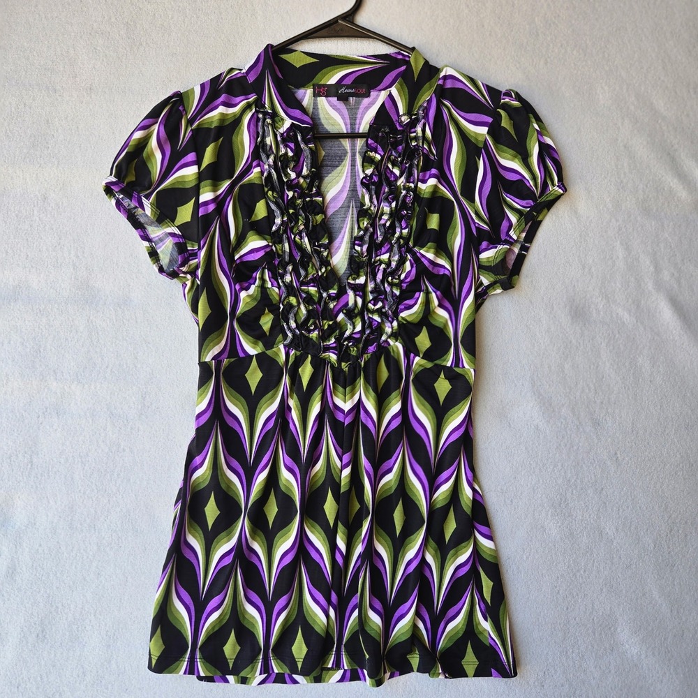 HeartSoul Retro Geometric Ruffle V-Neck Top Purple Green Black Large 22150JK111